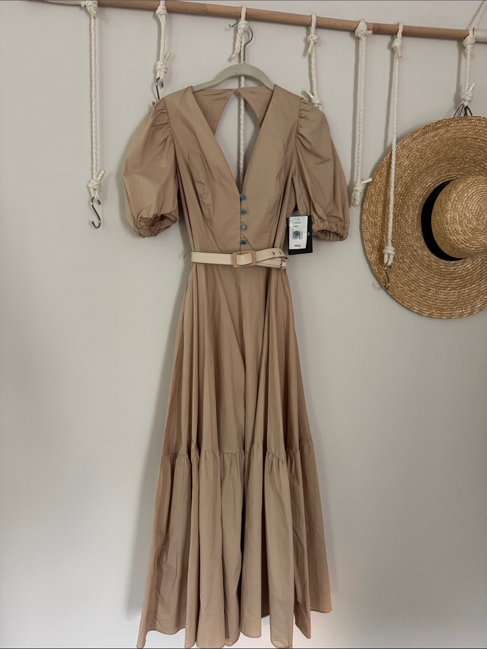 NICHOLAS Tan Puff-Sleeve Maxi Dress with Belt